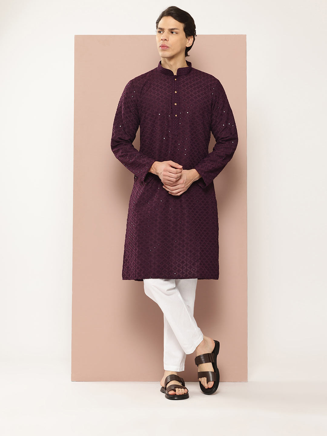 Men's Purple Sequin Embroidered Rayon Kurta, Paired with Pyjama