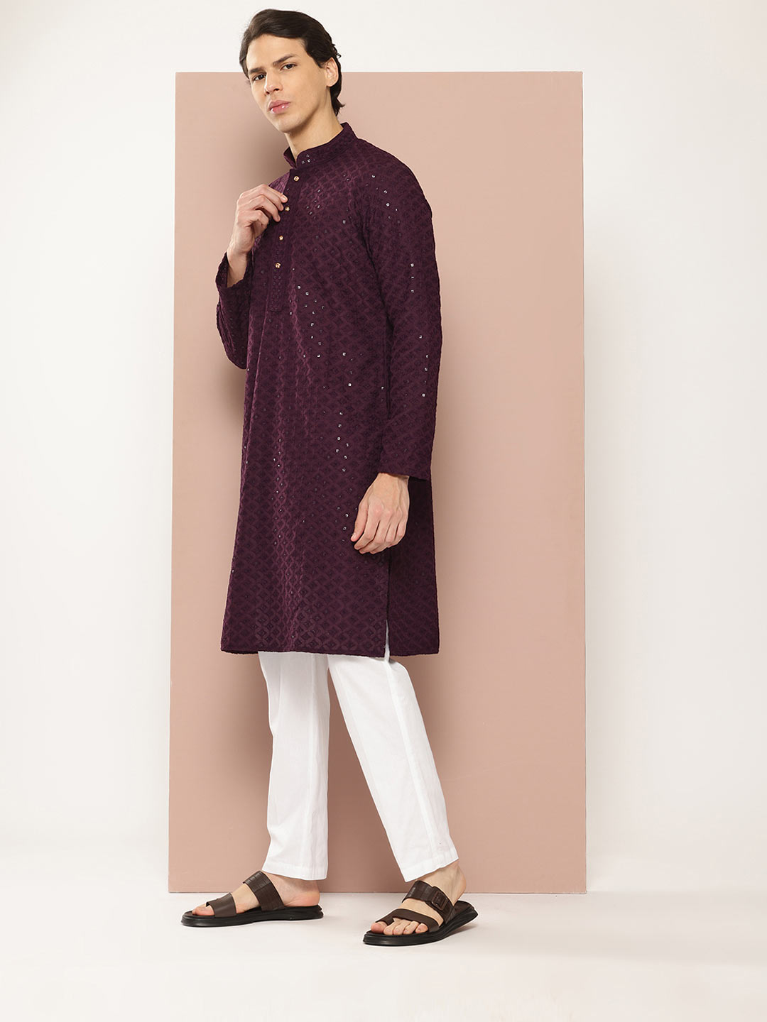 Men's Purple Sequin Embroidered Rayon Kurta, Paired with Pyjama