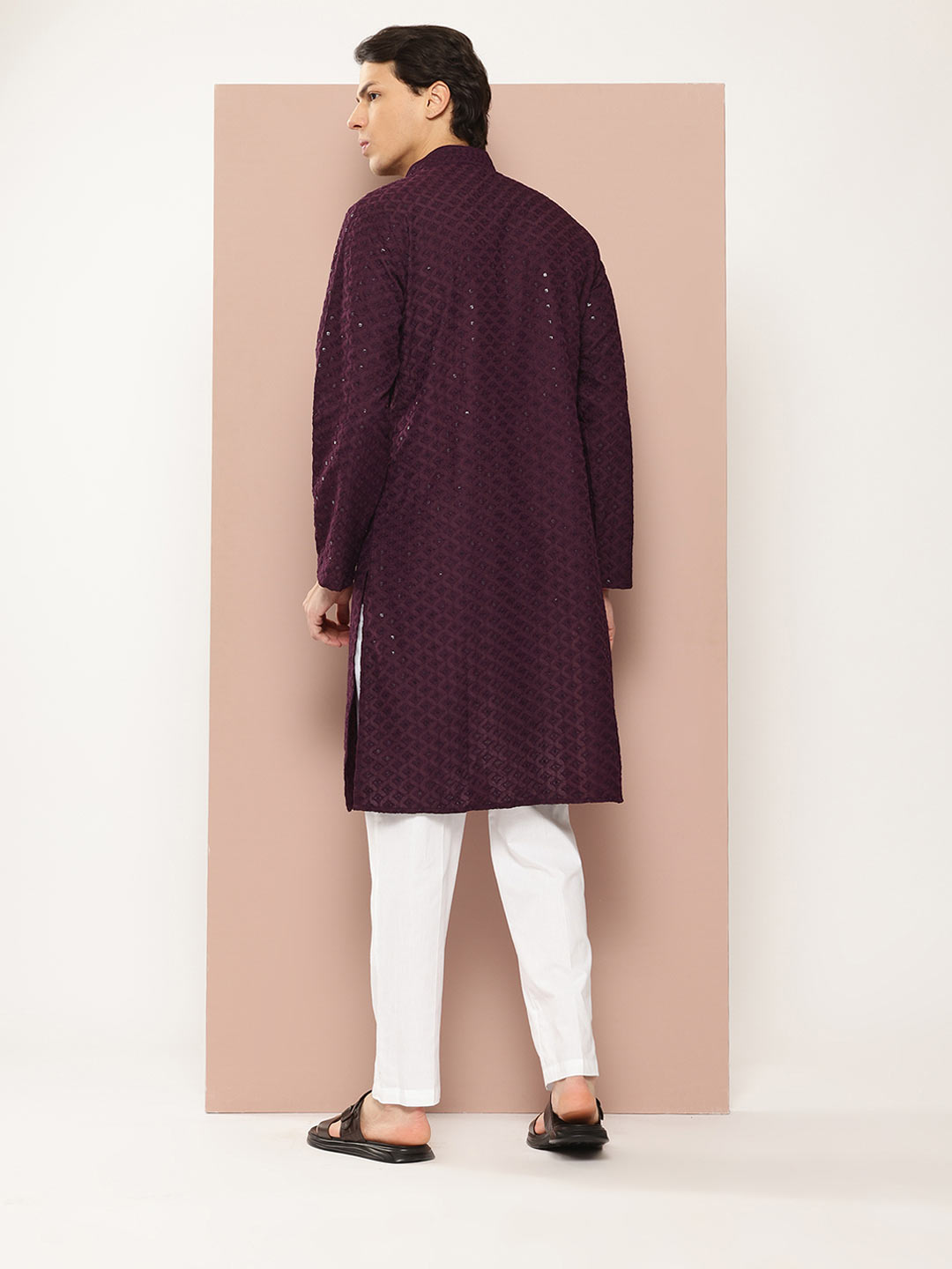 Men's Purple Sequin Embroidered Rayon Kurta, Paired with Pyjama