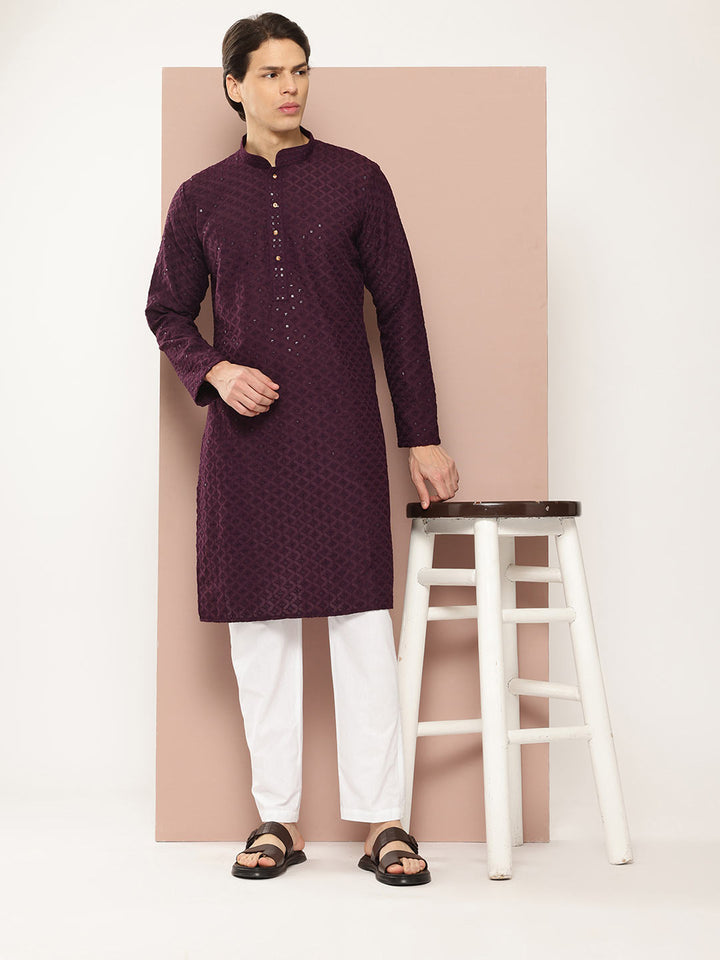 Men's Purple Sequin Embroidered Rayon Kurta, Paired with Pyjama