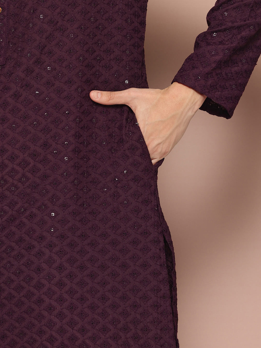 Men's Purple Sequin Embroidered Rayon Kurta, Paired with Pyjama