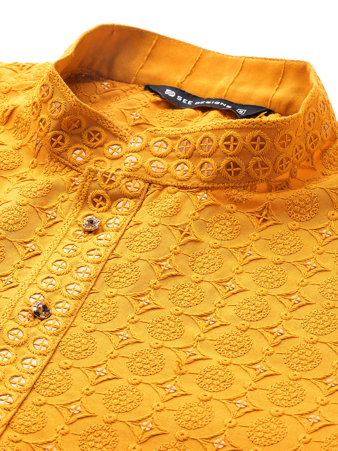 Men's Mustard Sequin Embroidered Rayon Kurta, Paired with Pyjama