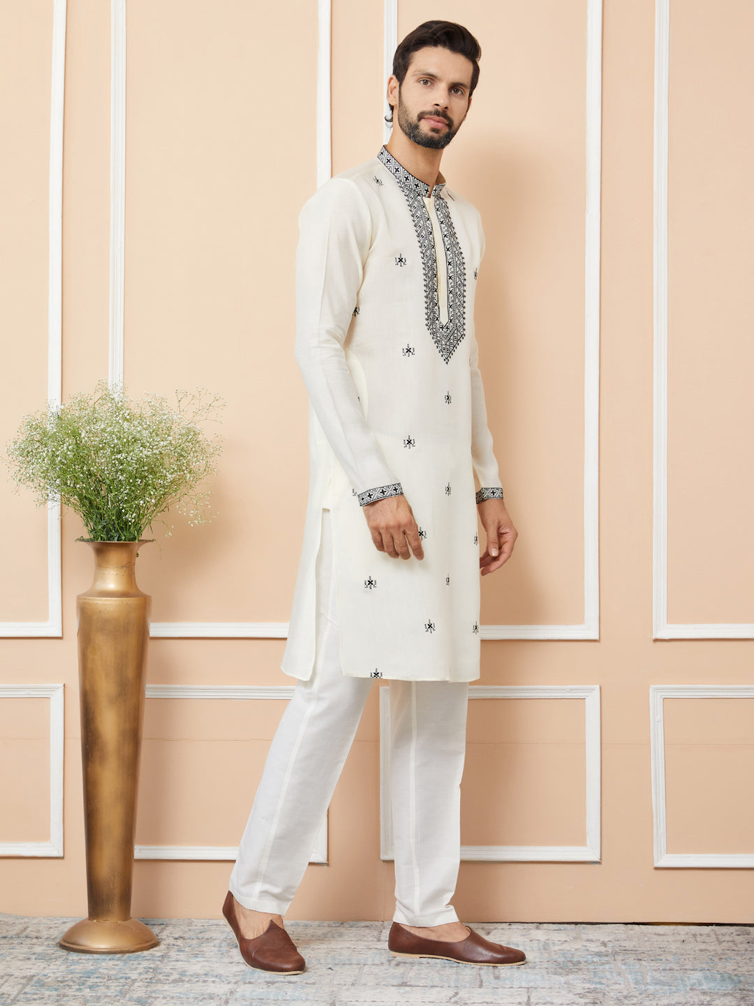 Cream Embroidered Chanderi Silk Straight Kurta with Pyjama