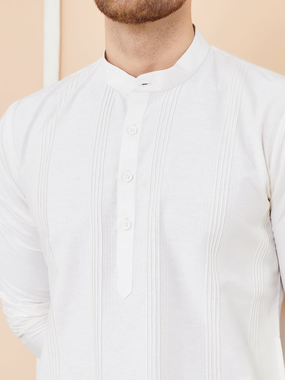 White Cotton Pintuck Straight Kurta with Pyjama