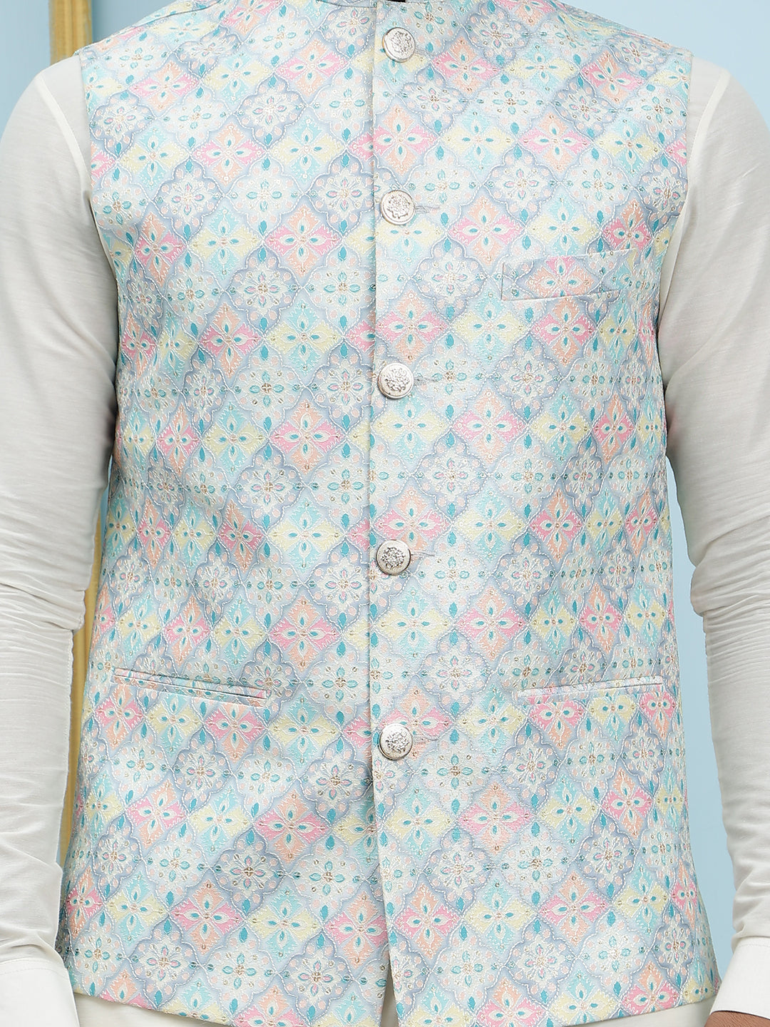 Pure Silk Kurta & Pyjama with Sequins Embroidered Nehru Jacket