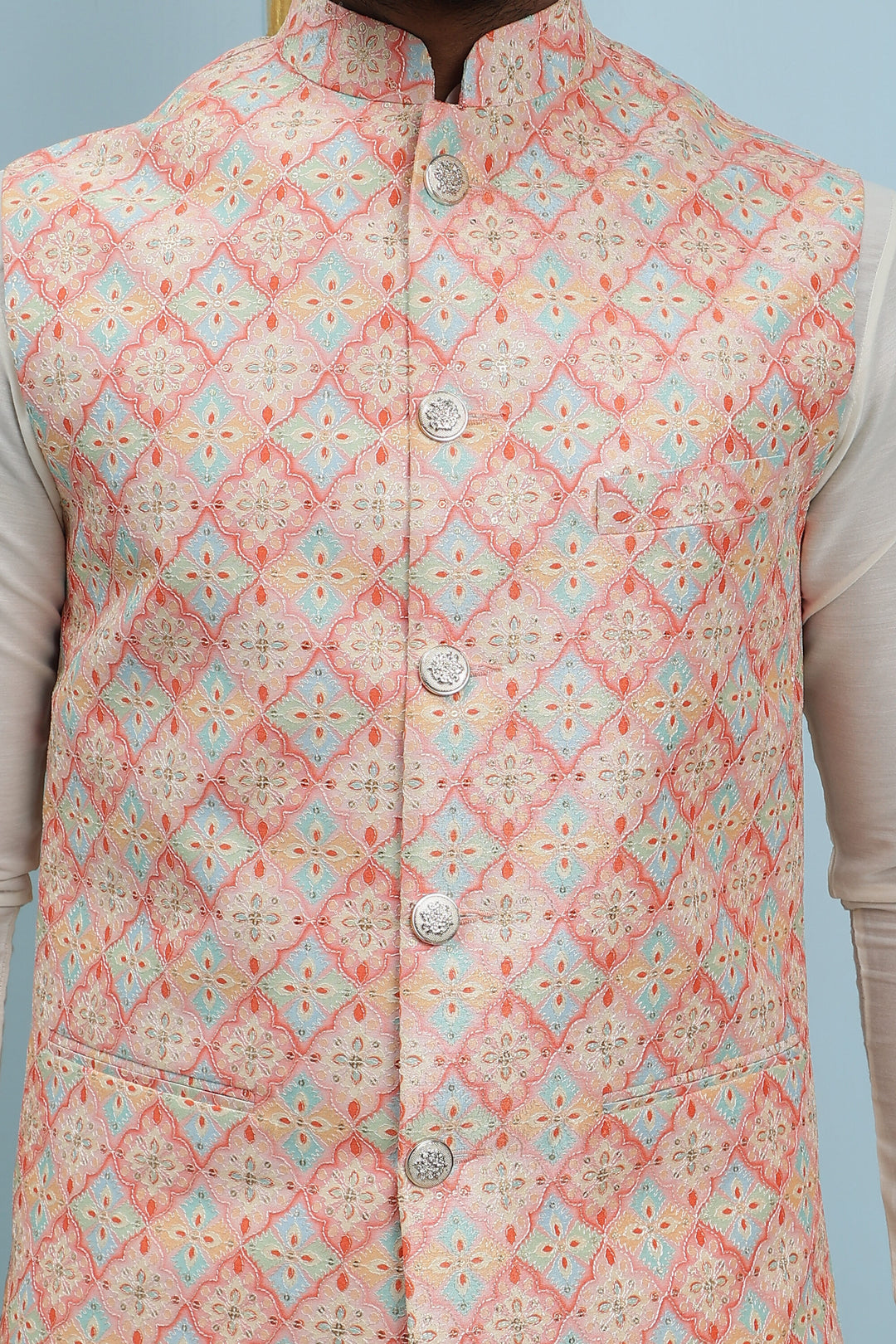 Pure Silk Kurta & Pyjama with Sequins Embroidered Nehru Jacket