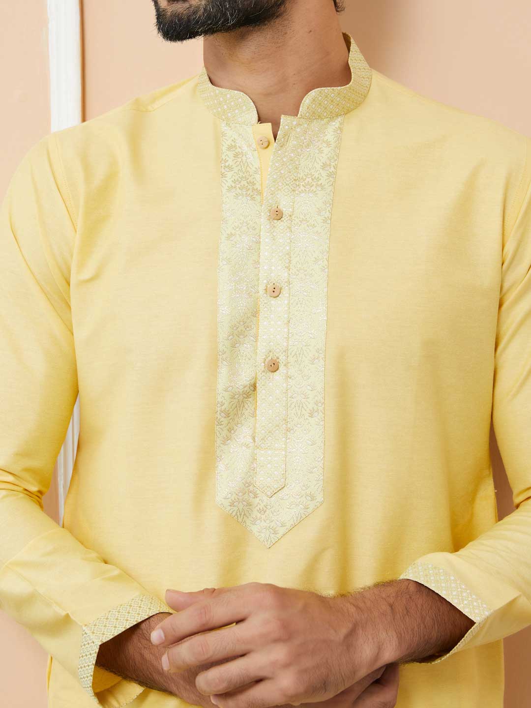 Yellow Solid Cotton Straight Kurta with Jacquard neckline