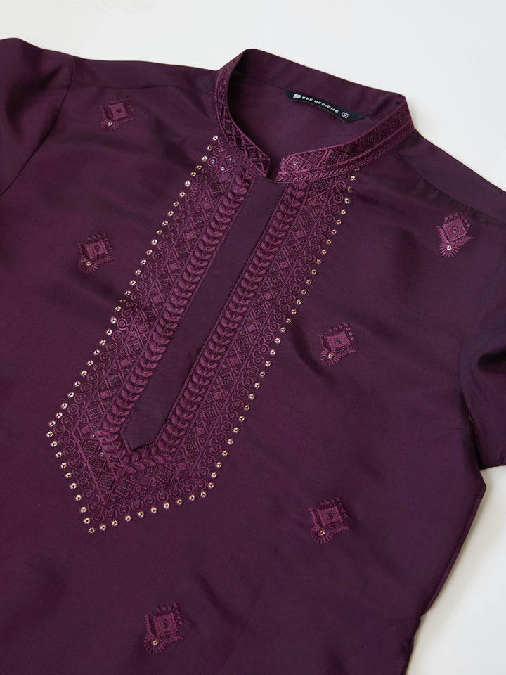 Dark Purple Embroidered Chanderi Silk Straight Kurta