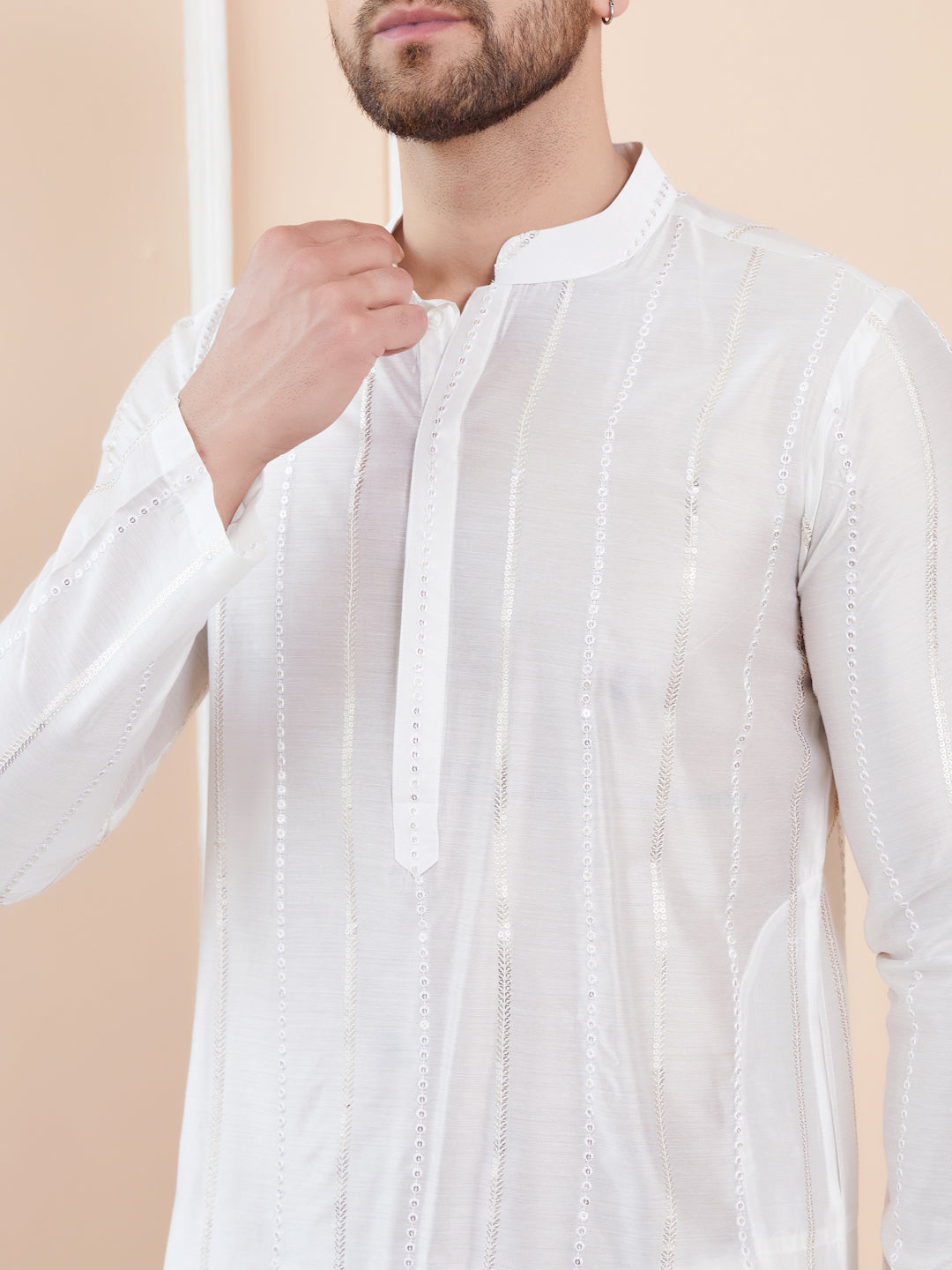 Off White Sequins Embroidered Chanderi Silk Straight Kurta