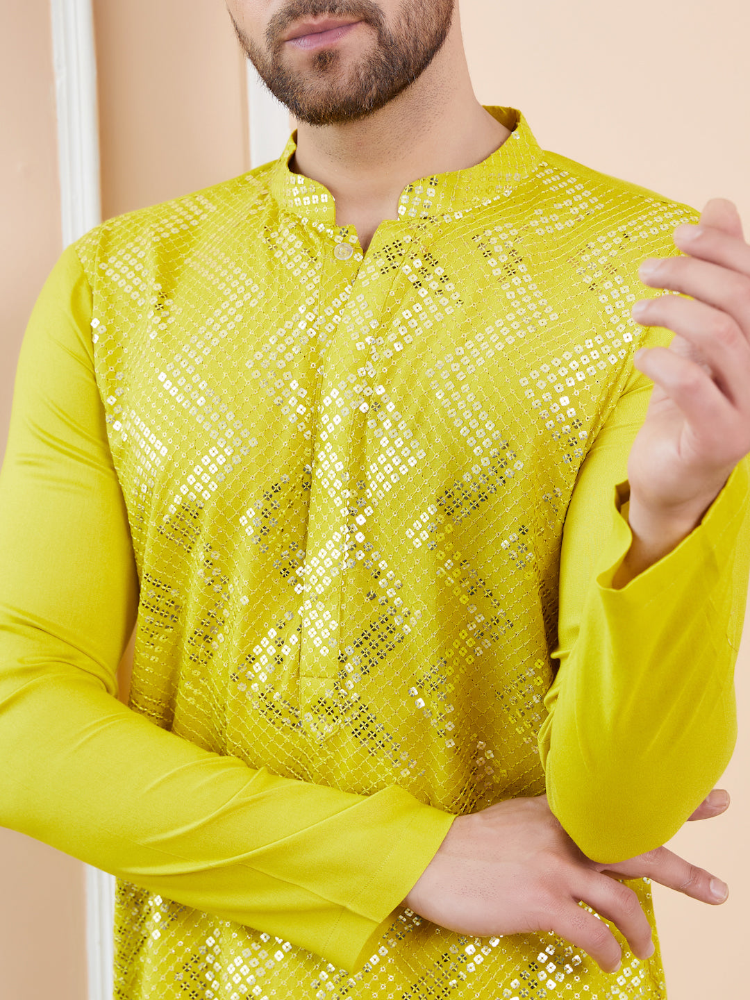 Men Lime Green Sequins Embroidered Chanderi Silk Straight Kurta