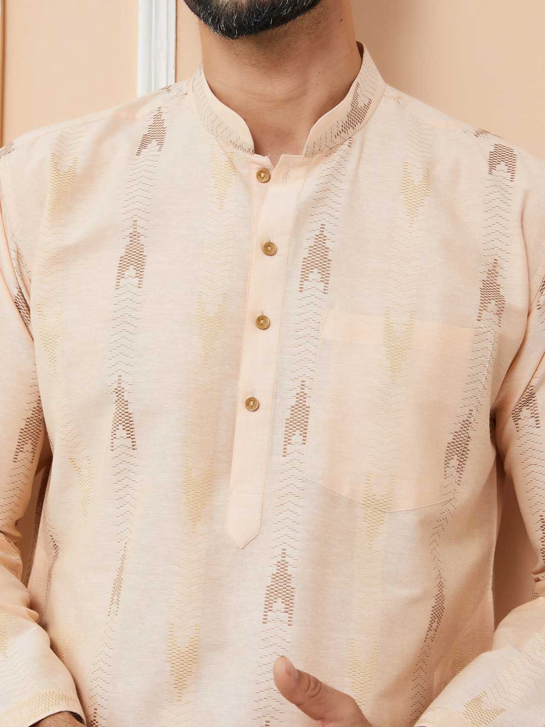 Peach Cotton Handloom motifs Straight Kurta