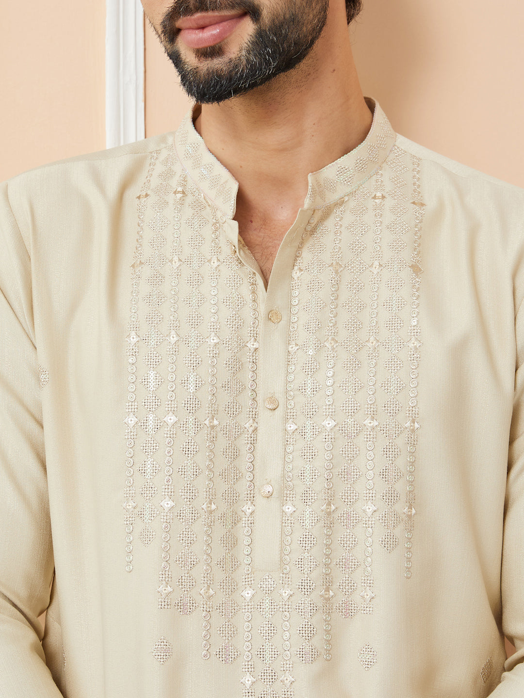 Beige Embroidered Zara Silk Straight Kurta with Pyjama