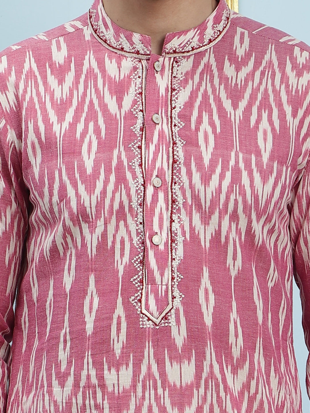 Printed Ikat Pure Cotton Straight Kurta with Embroidered Neck Design