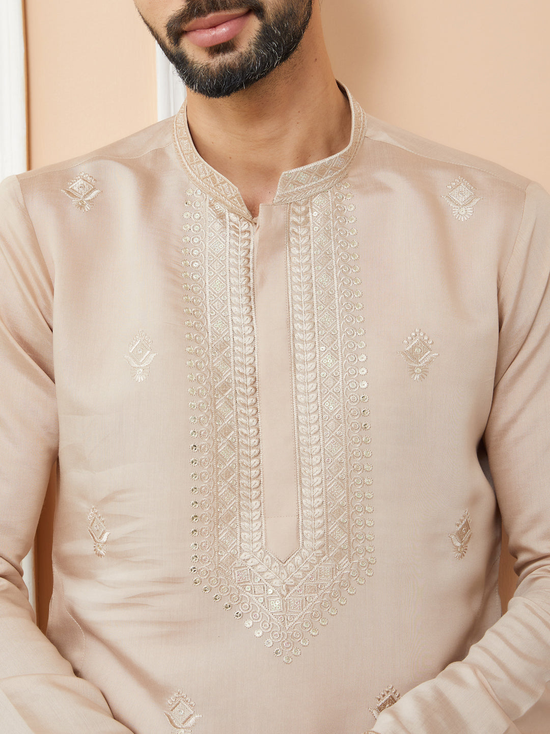 Beige Embroidered Chanderi Silk Straight Kurta