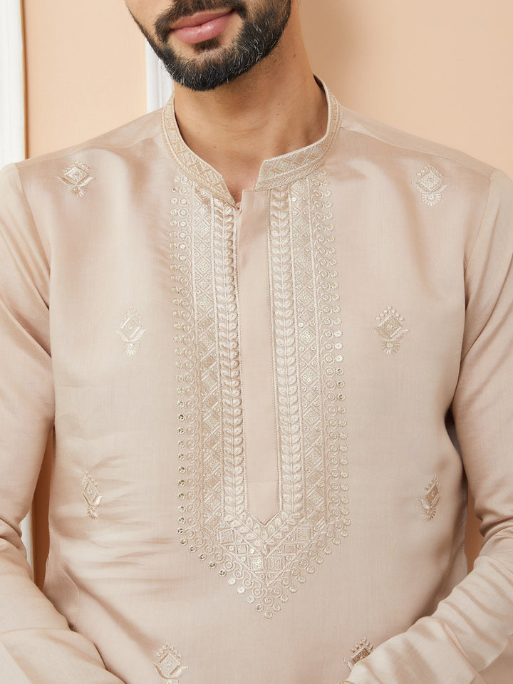 Beige Embroidered Chanderi Silk Straight Kurta