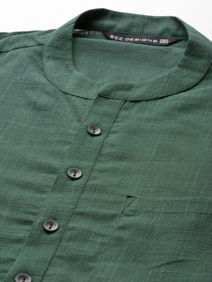 Men Emerald Green Cotton Slub Straight Kurta