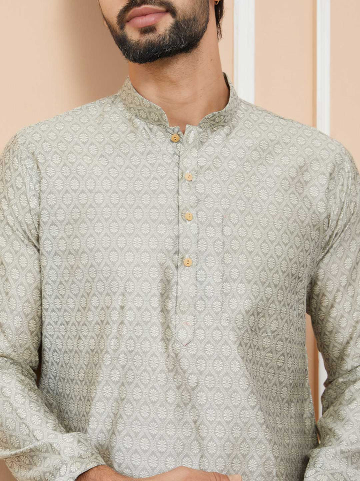 Cream-Grey Ethnic Motifs Silk Jacquard Woven Design Straight Kurta with Pyjama