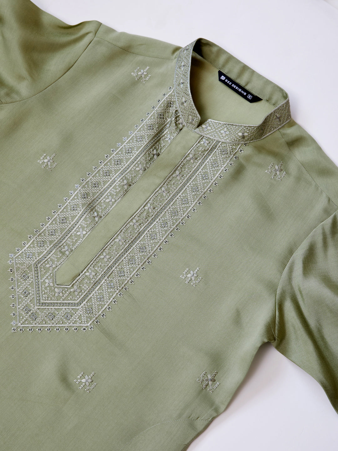 Olive Embroidered Chanderi Silk Straight Kurta