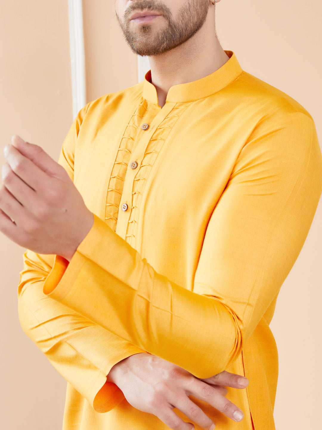 Mustard Raw Silk Straight Kurta with Pintuck Neckline and Pyjama