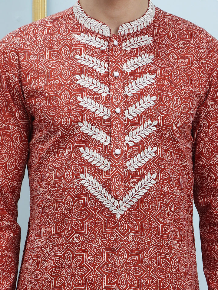 Printed Pure Cotton Straight Kurta with Embroidered Neck Design and Pyjama