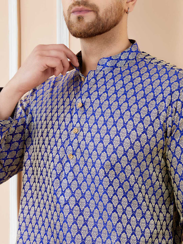 Blue Ethnic Motifs Silk Jacquard Woven Design Straight Kurta with Pyjama