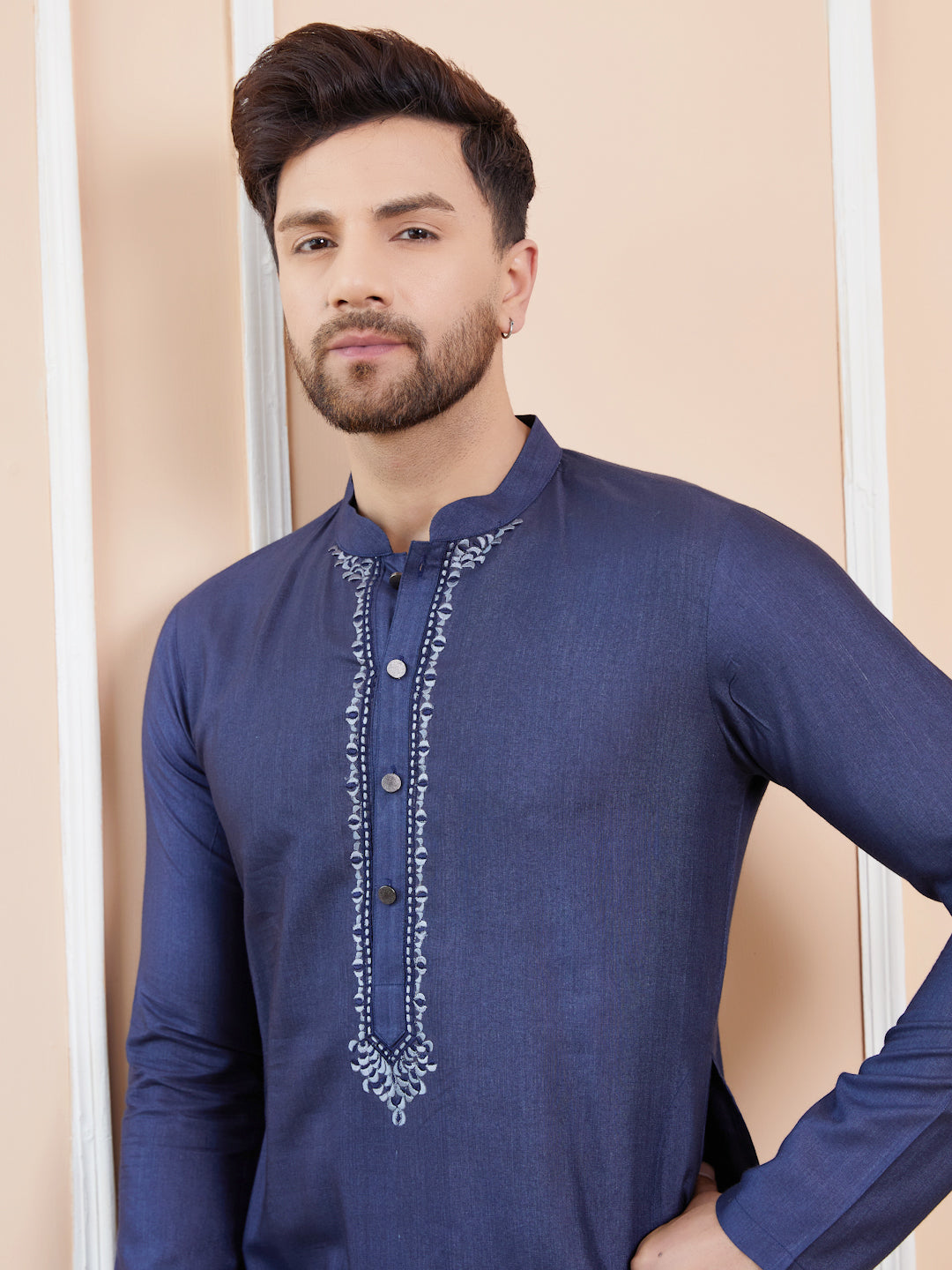 Blue Cotton Solid Straight Kurta with Embroidered Neckline