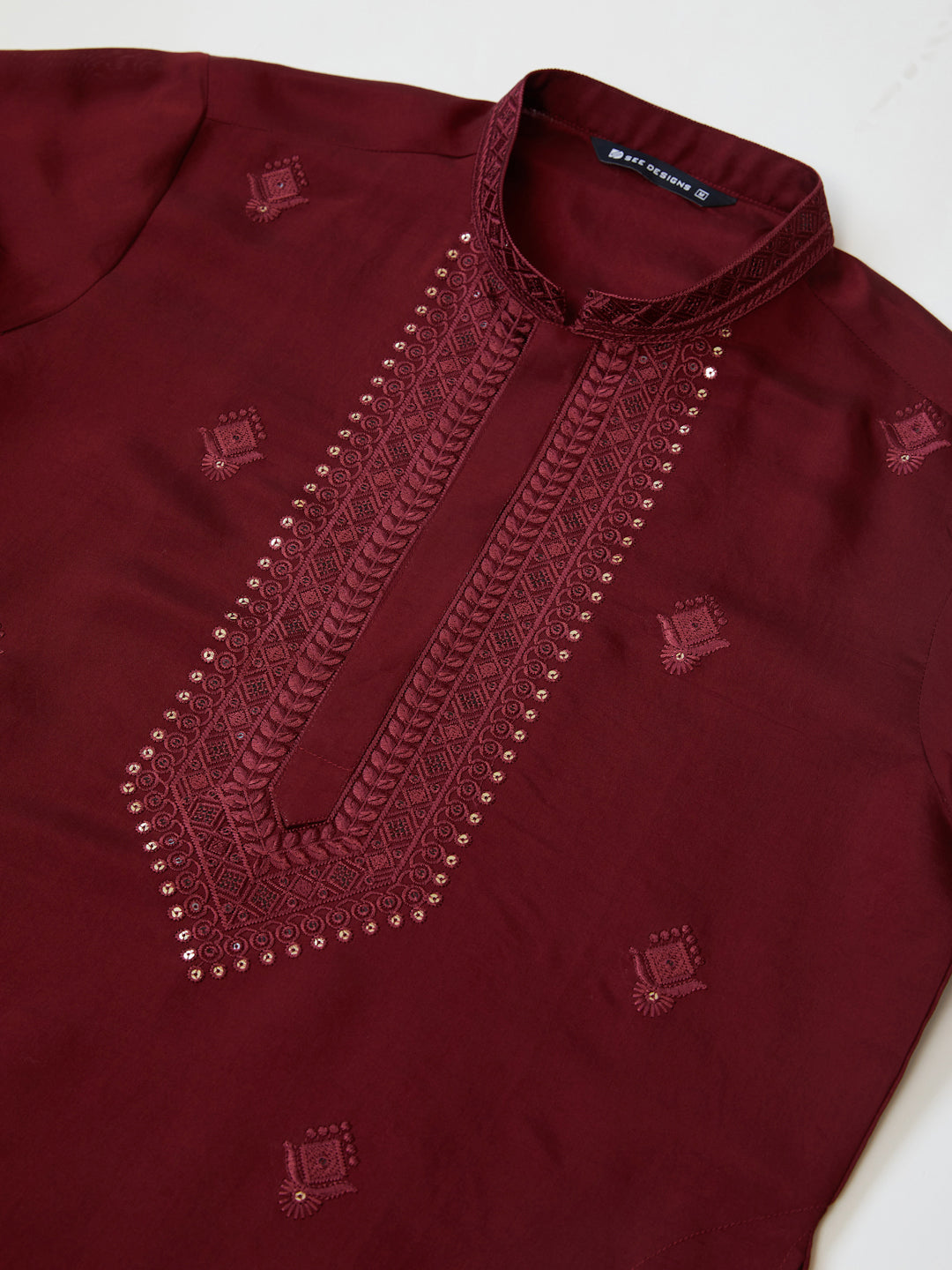 Dark Maroon Embroidered Chanderi Silk Straight Kurta