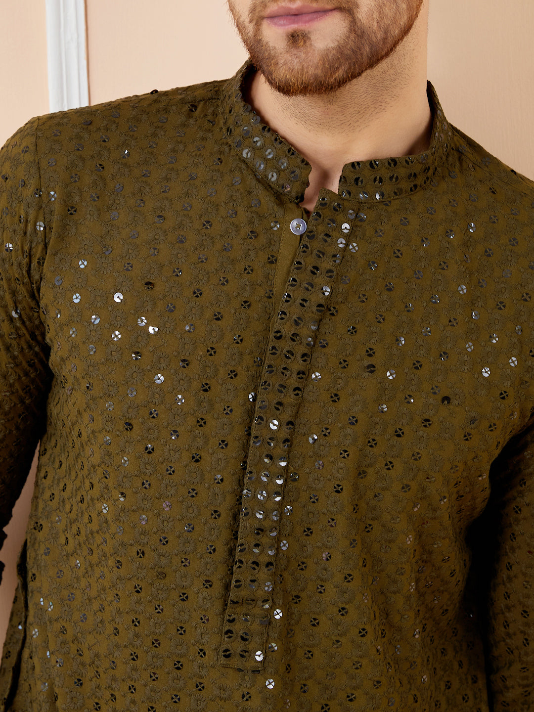 Olive Sequins Embroidered Rayon Kurta