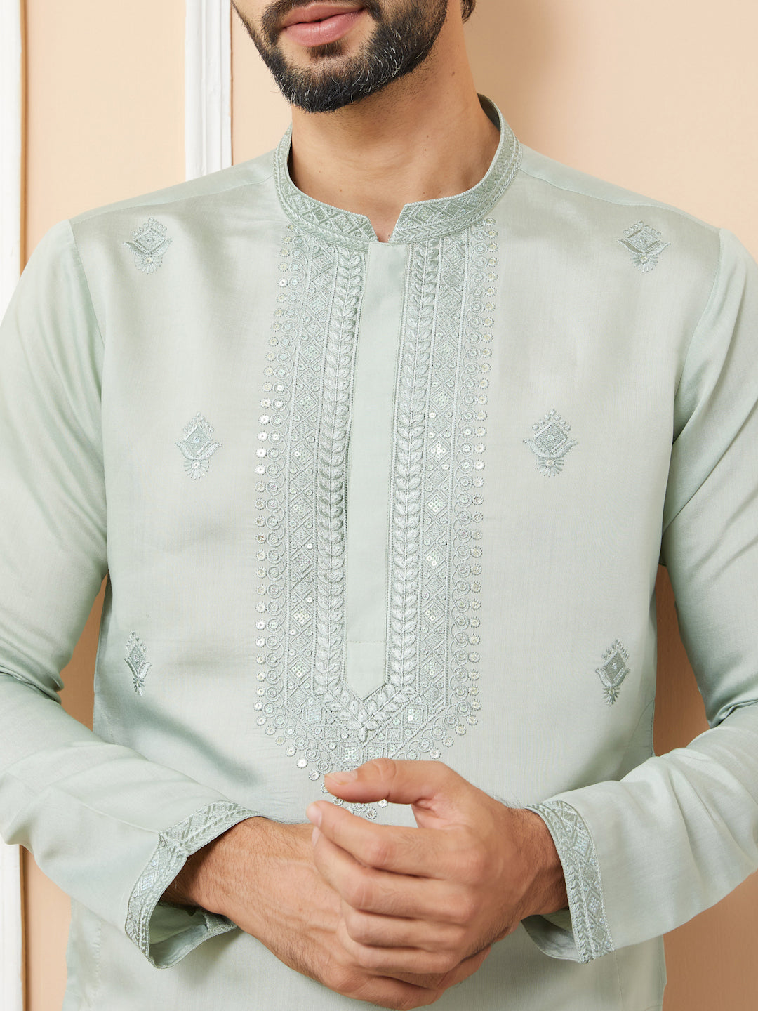 Pastel Green Embroidered Chanderi Silk Straight Kurta