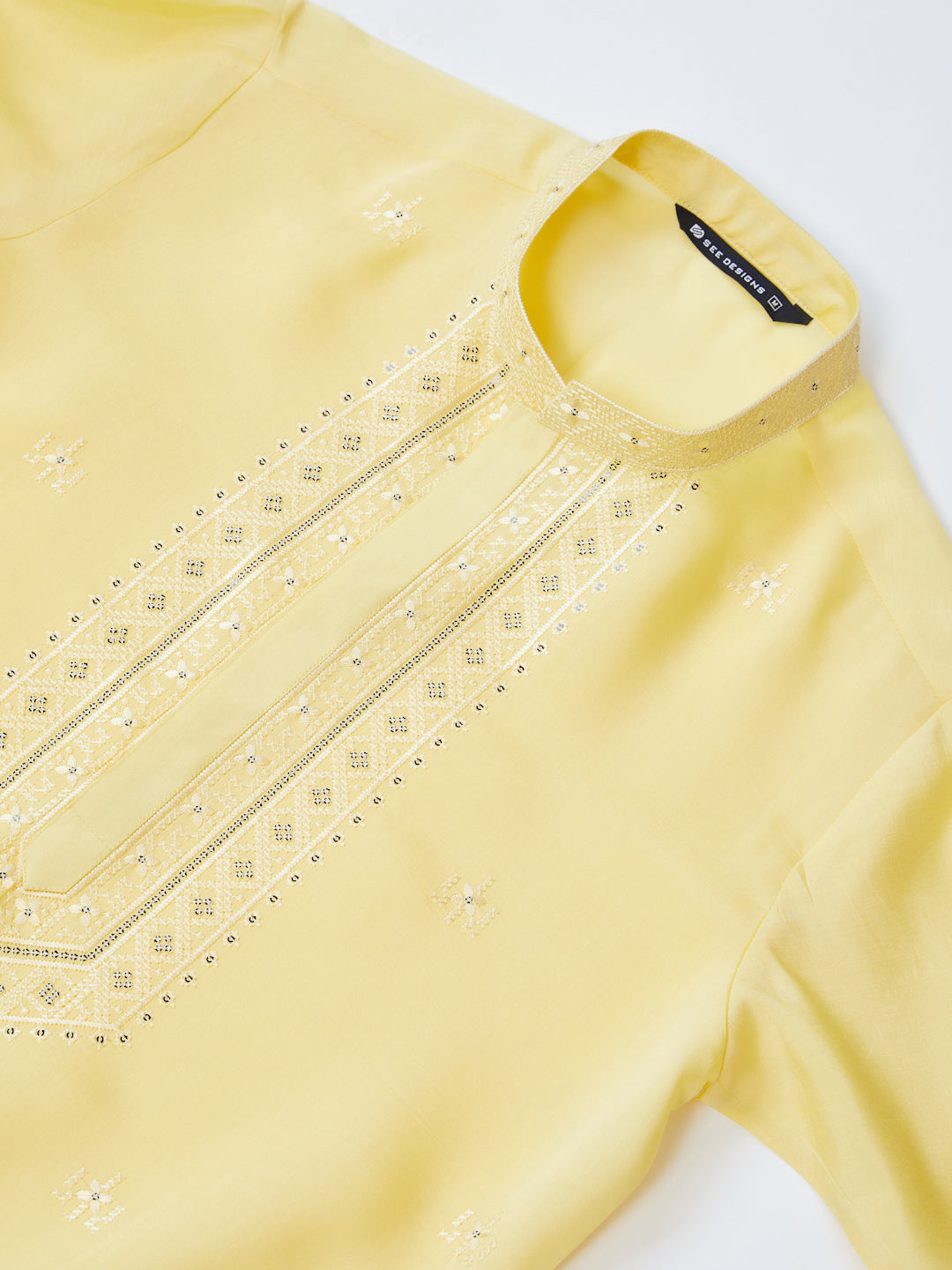 Yellow Embroidered Chanderi Silk Straight Kurta with Pyjama