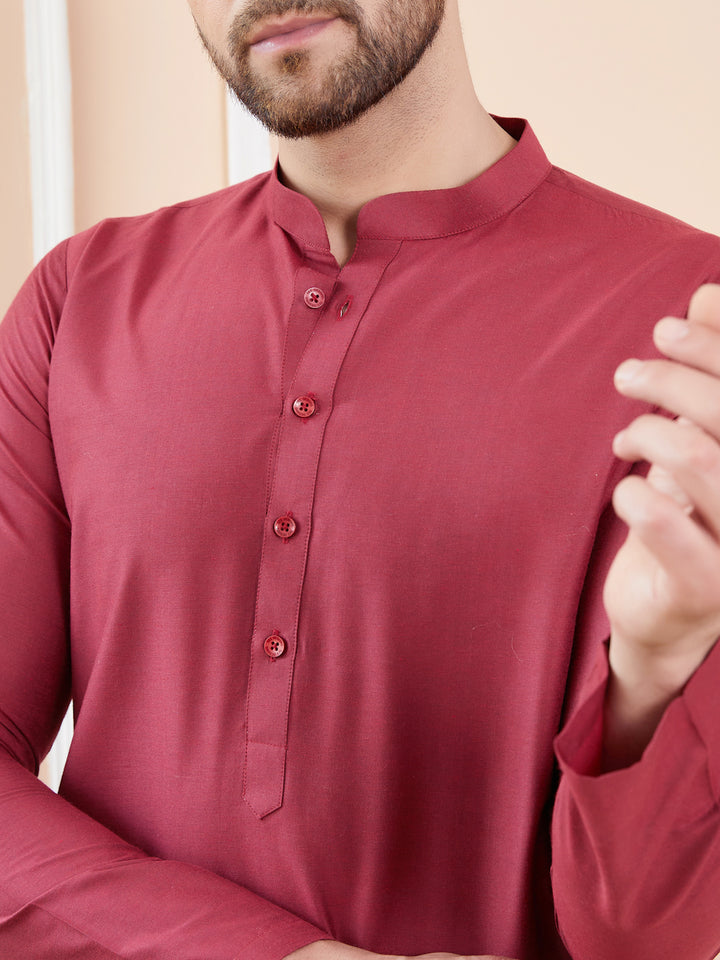 Maroon Cotton Solid Straight Kurta with Pyjama