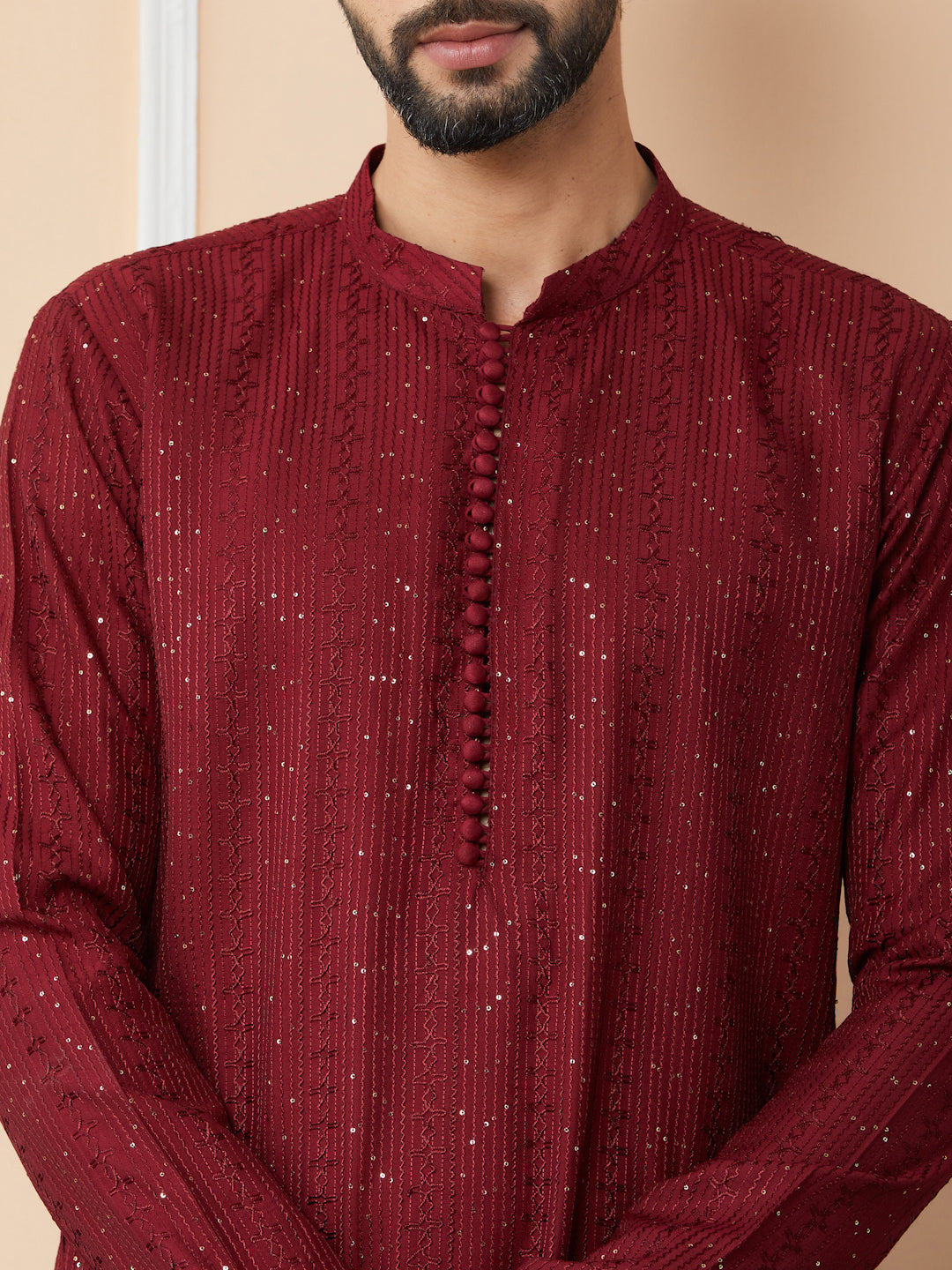 Dark Maroon Embroidered Thread Work Sequinned Chanderi Silk Straight Kurta with Pyjama