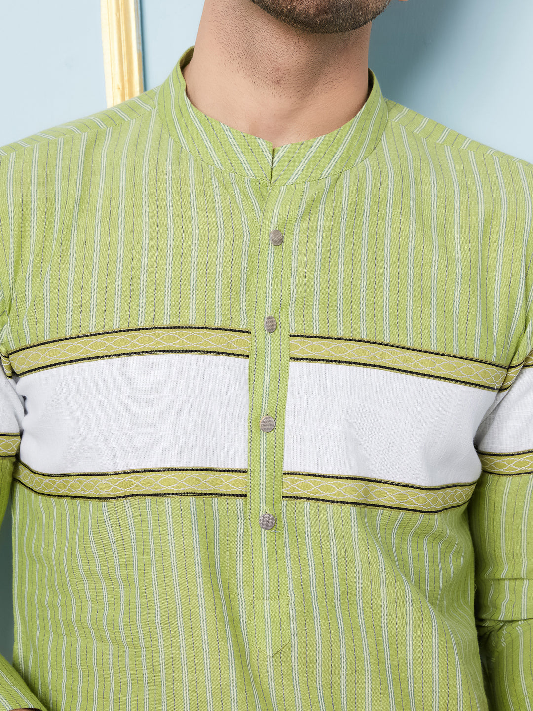 Green Woven Striped Straight Kurta With Pyjama