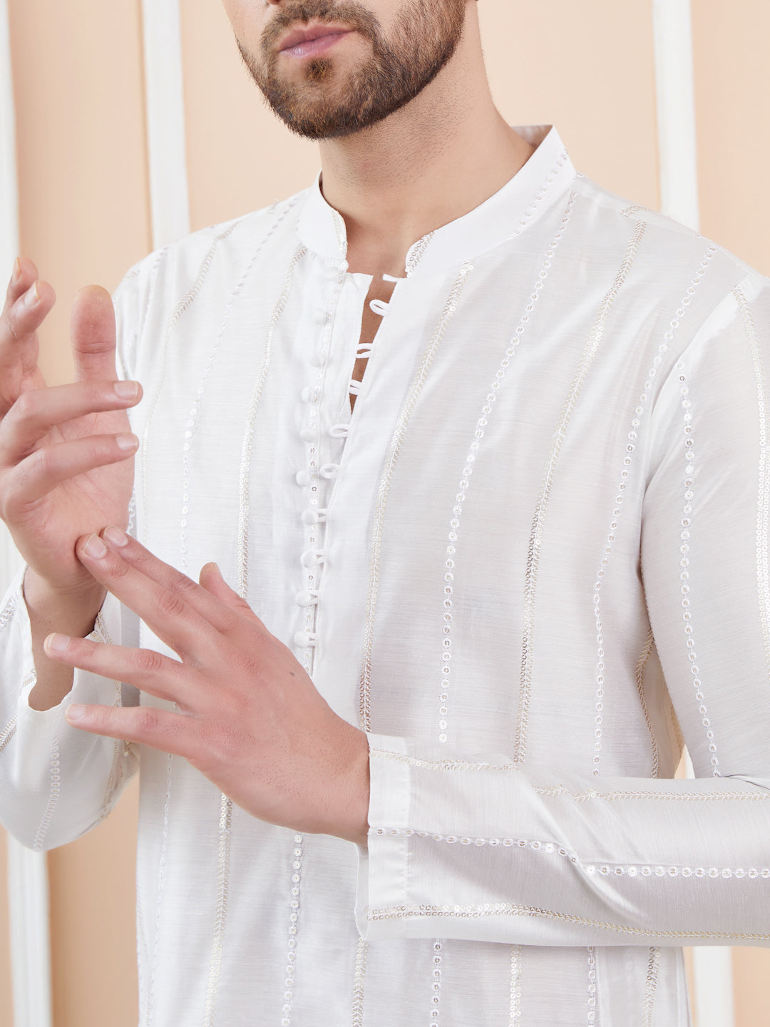 White Sequins Embroidered Pure Chanderi Silk Straight Kurta with Pyjama