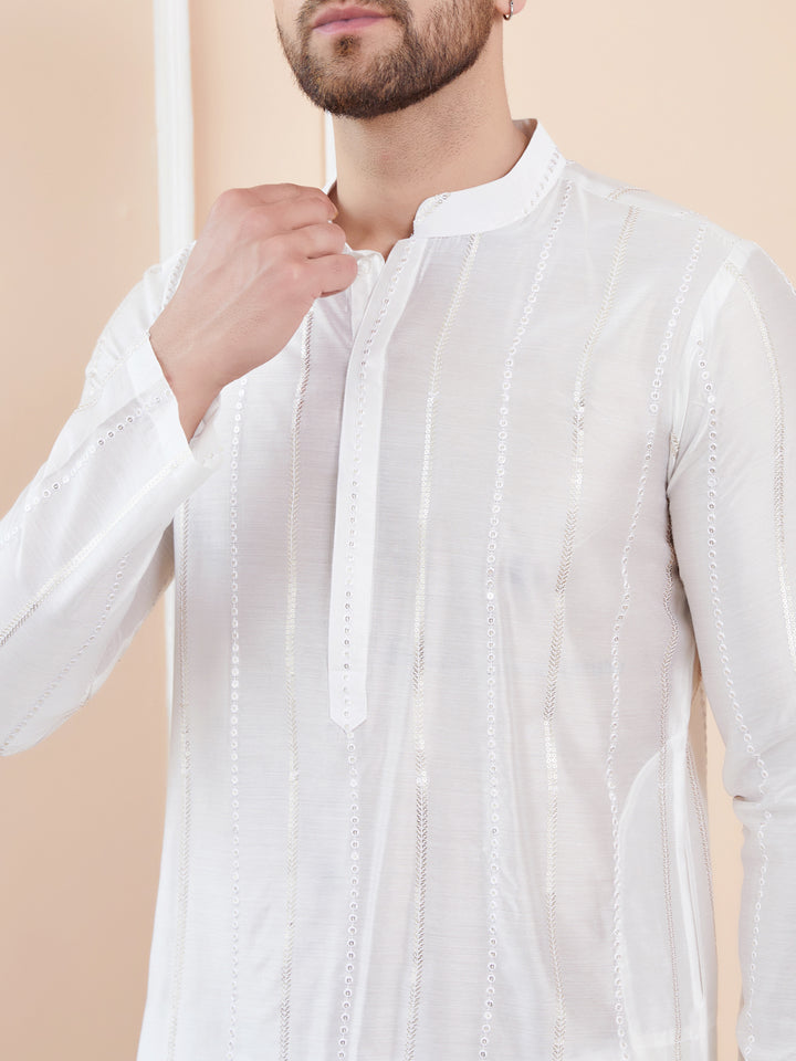 White Sequins Embroidered Pure Chanderi Silk Straight Kurta with Pyjama