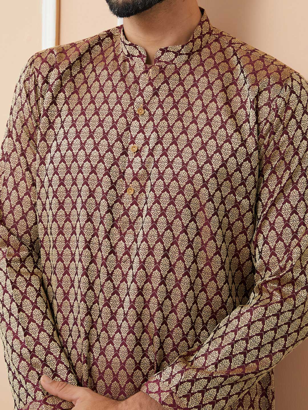 Dark Mauve Ethnic Motifs Silk Jacquard Woven Design Straight Kurta