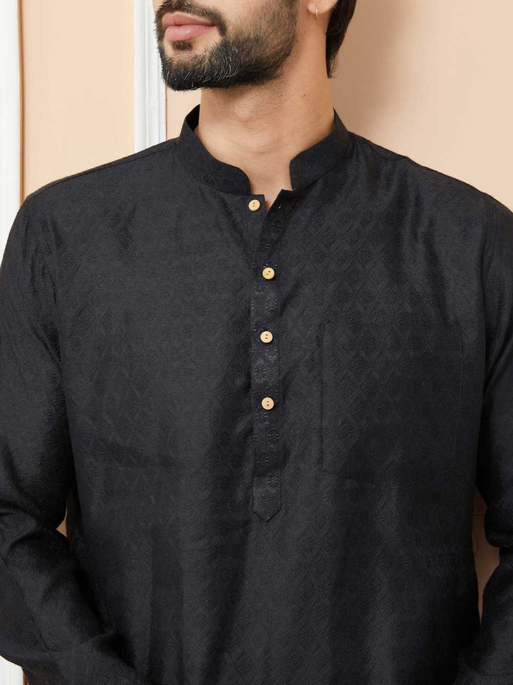 Black Ethnic Motifs Silk Jacquard Woven Design Straight Kurta with Pyjama