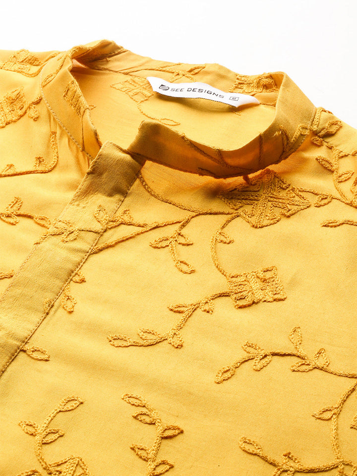 Men's Mustard Chanderi Silk Embroidered Kurta, Paired with Pyjama