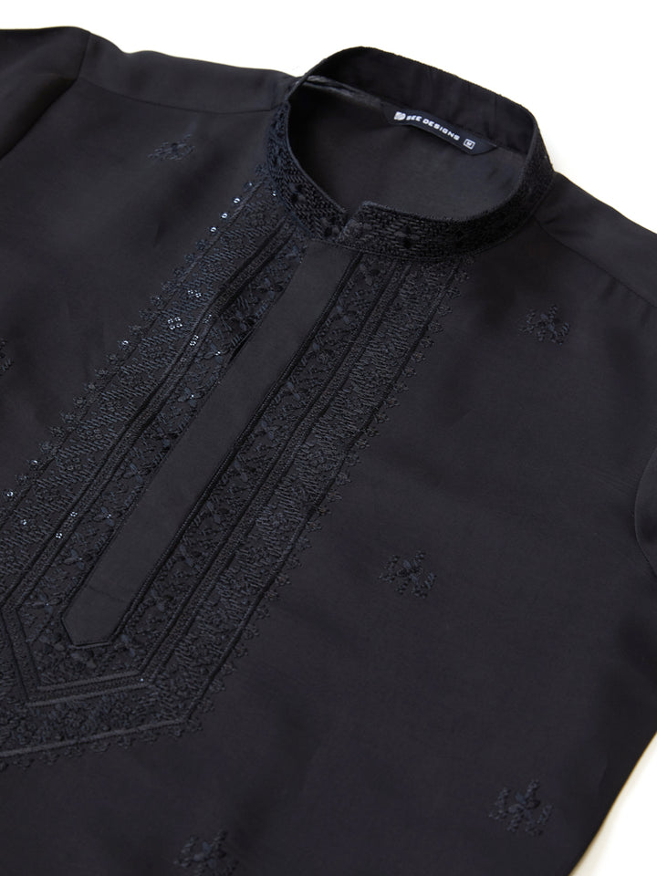 Black Embroidered Chanderi Silk Straight Kurta with Pyjama