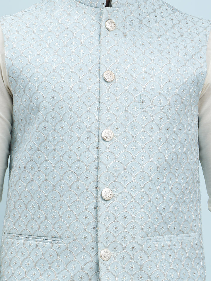 Pure Silk Kurta & Pyjama with Sequins Embroidered Nehru Jacket