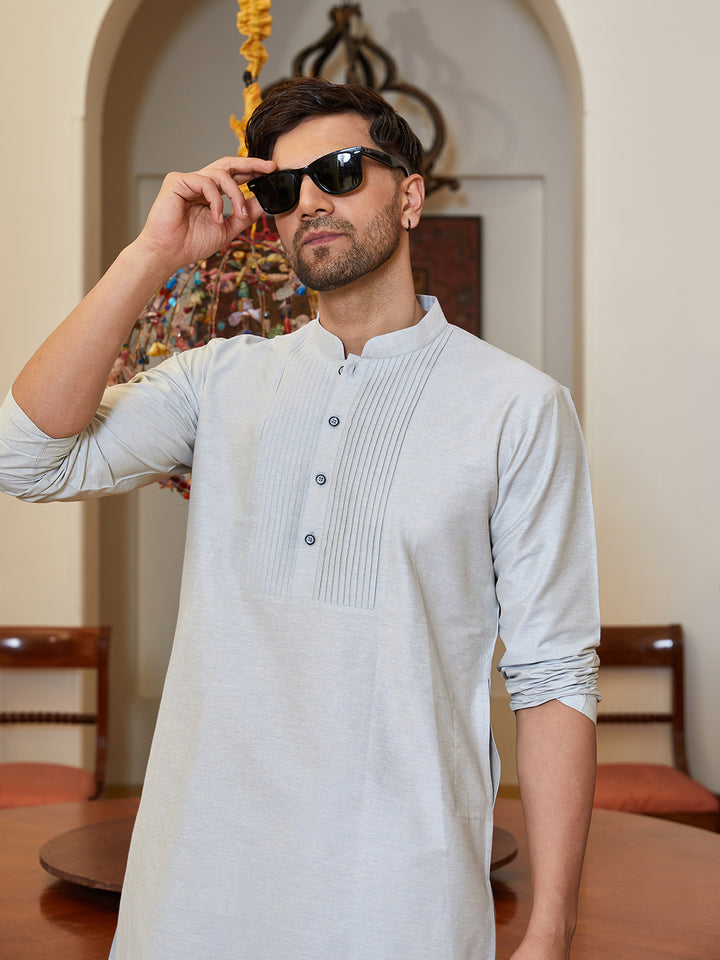 Pintuck Yoke Cotton Silk Straight Kurta with Pyjama