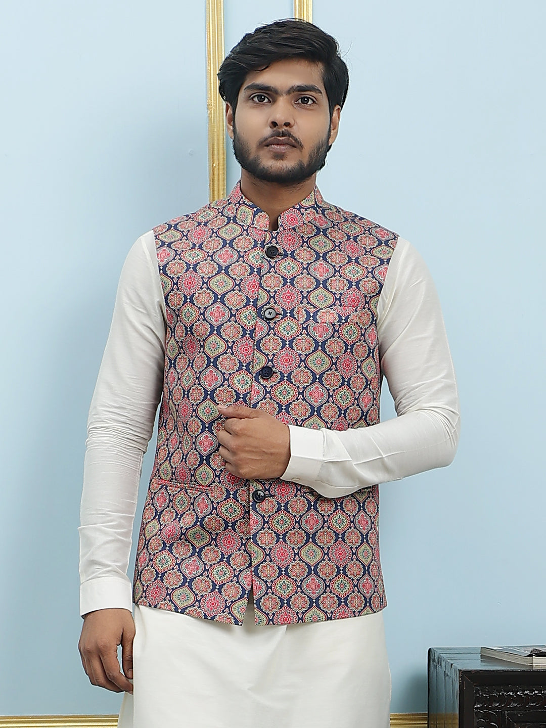 Pure Silk Straight Kurta & Pyjama Set with Printed Cotton Nehru Jacket