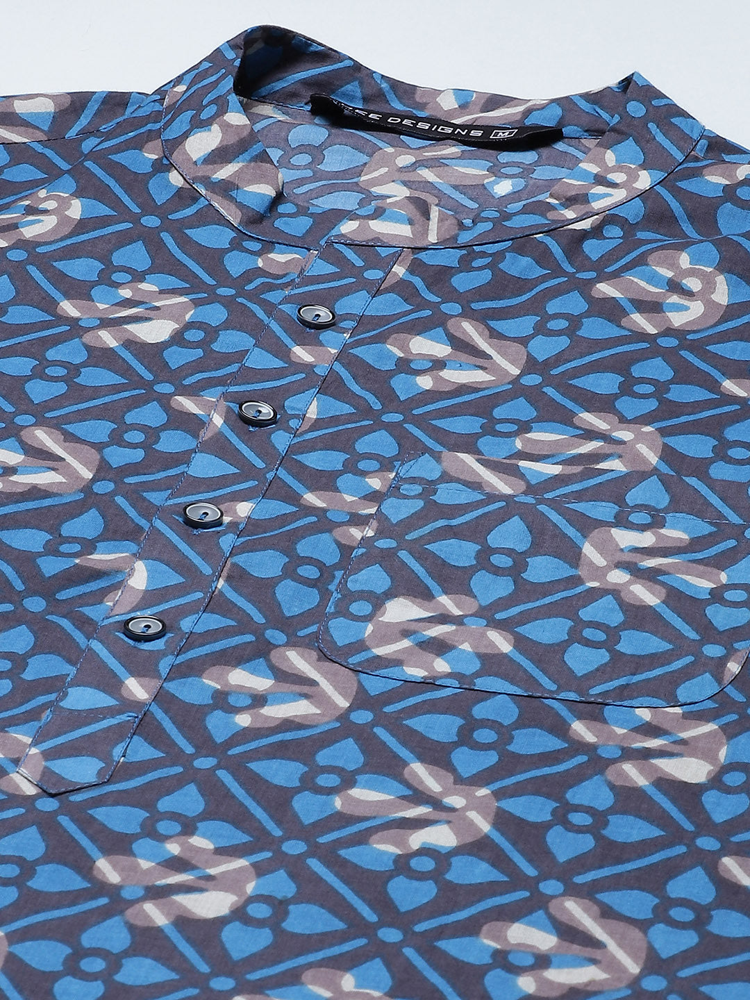 Men Blue and Beige Printed Straight Kurta