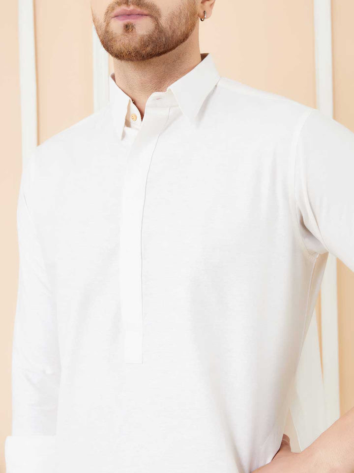 Off White Cotton Solid Pathani Kurta with Pyjama