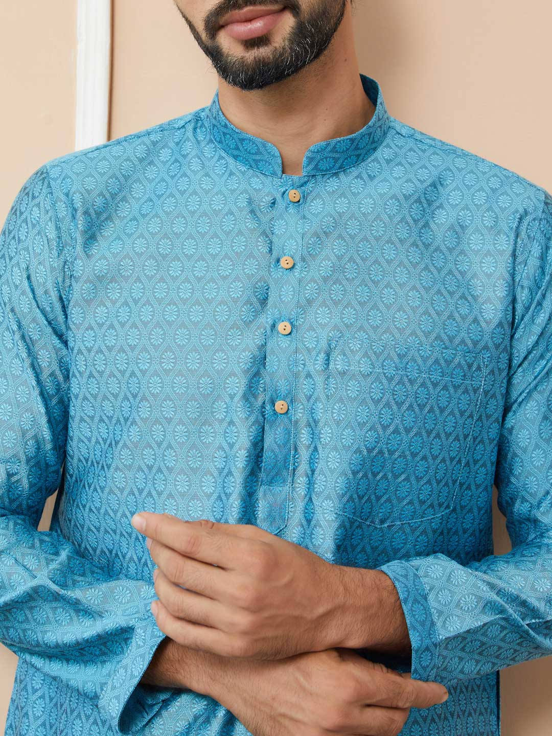 Light Blue Ethnic Motifs Silk Jacquard Woven Design Straight Kurta