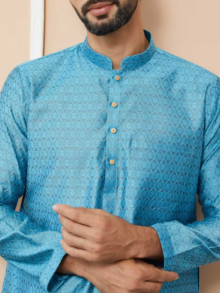 Light Blue Ethnic Motifs Silk Jacquard Woven Design Straight Kurta with Pyjama