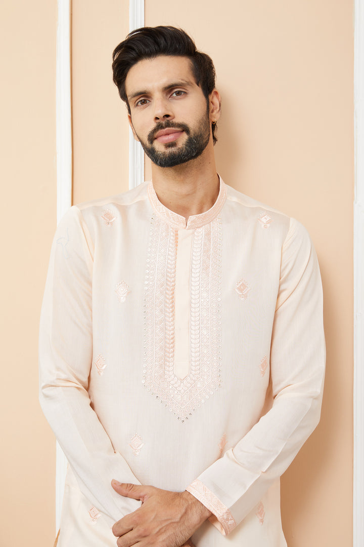 Peach Embroidered Chanderi Silk Straight Kurta with Pyjama