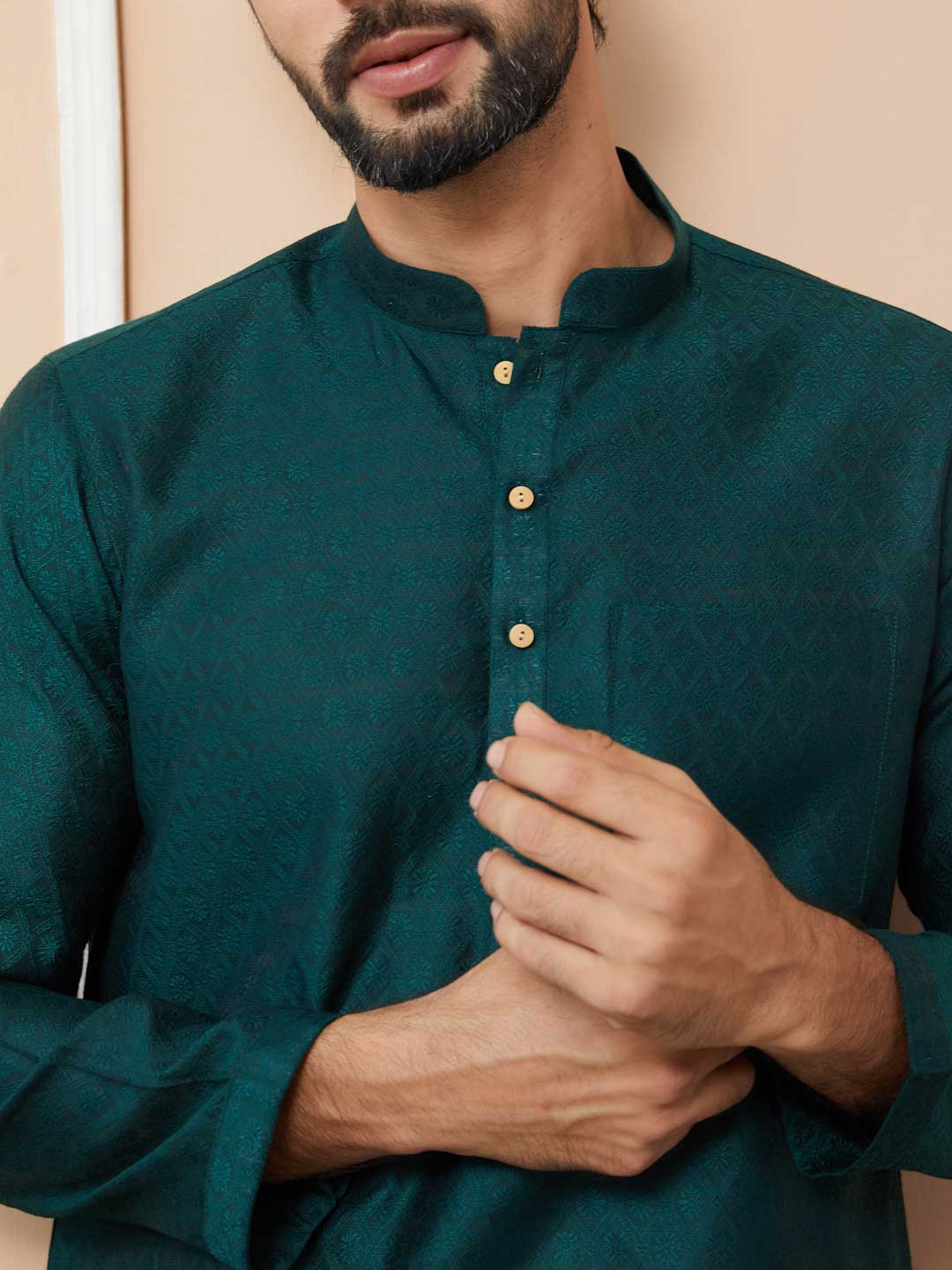 Dark Green Ethnic Motifs Silk Jacquard Woven Design Straight Kurta with Pyjama