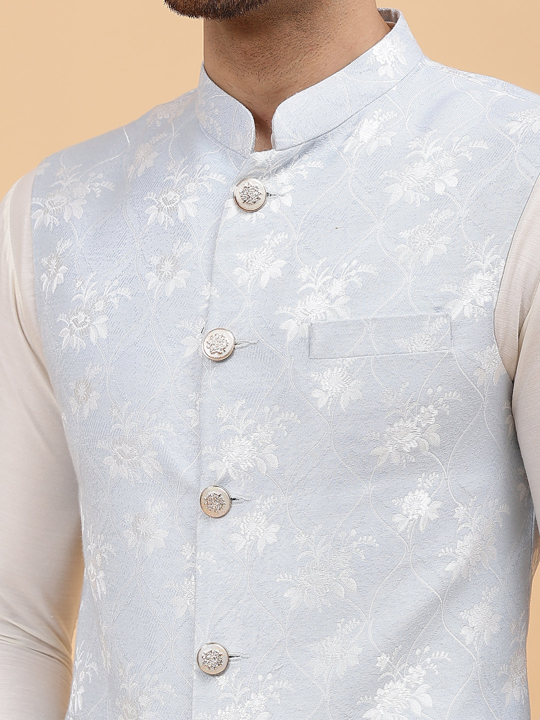 Pure Silk Kurta & Pyjama with Woven Jacquard Nehru Jacket