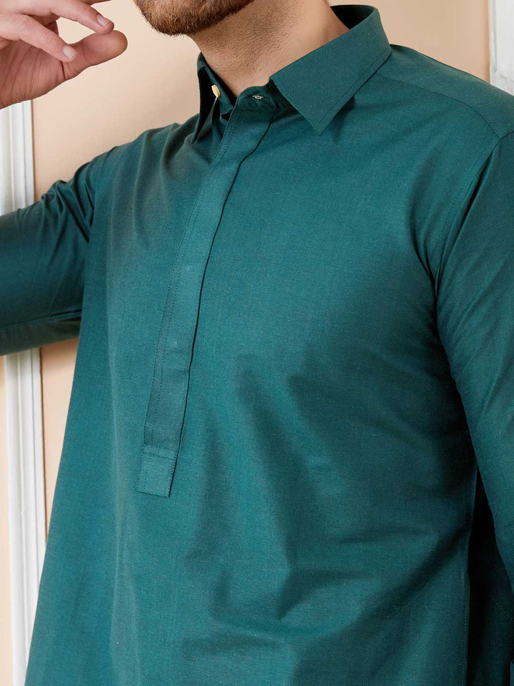 Green Cotton Solid Pathani Kurta with Pyjama